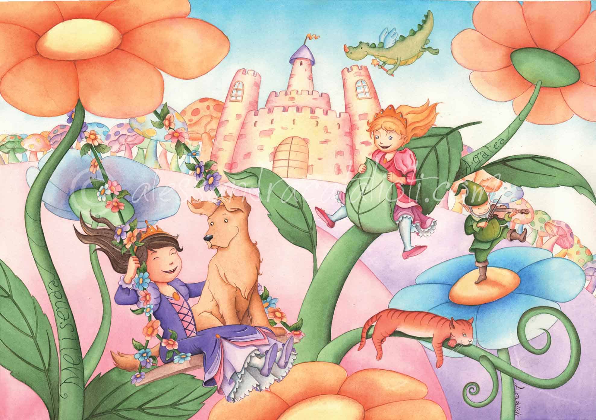 Lovely princesses, blooming flowers, a sweet dog and a sleepy cat, a happy elf and a cute dragon: the perfect ingredients for a colourful illustration full of vividness and happiness. Drawing it I could give vent to my wild, vivid and creative imagination and I had the amusing opportunity to turn back to my childhood.